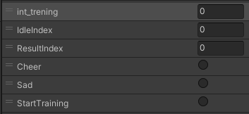 NPC Animation System - Animator parameters: int_trening, IdleIndex, ResultIndex, Cheer, Sad, StartTraining